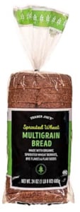 Package of Trader Joe's Sprouted Wheat Multigrain Bread on a white background.