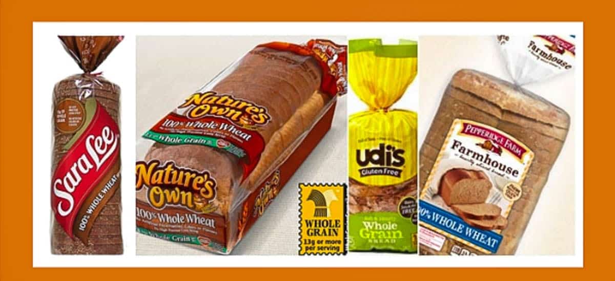 Graphic displaying a few unhealthy bread brands on a white and orange background.