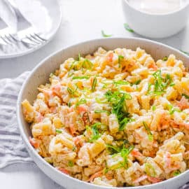 best easy hawaiian macaroni salad recipe in a bowl