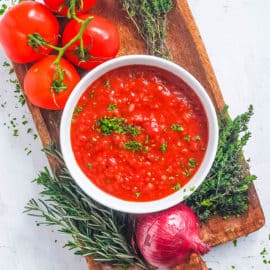 easy healthy low carb keto marinara sauce recipe served in a white bowl