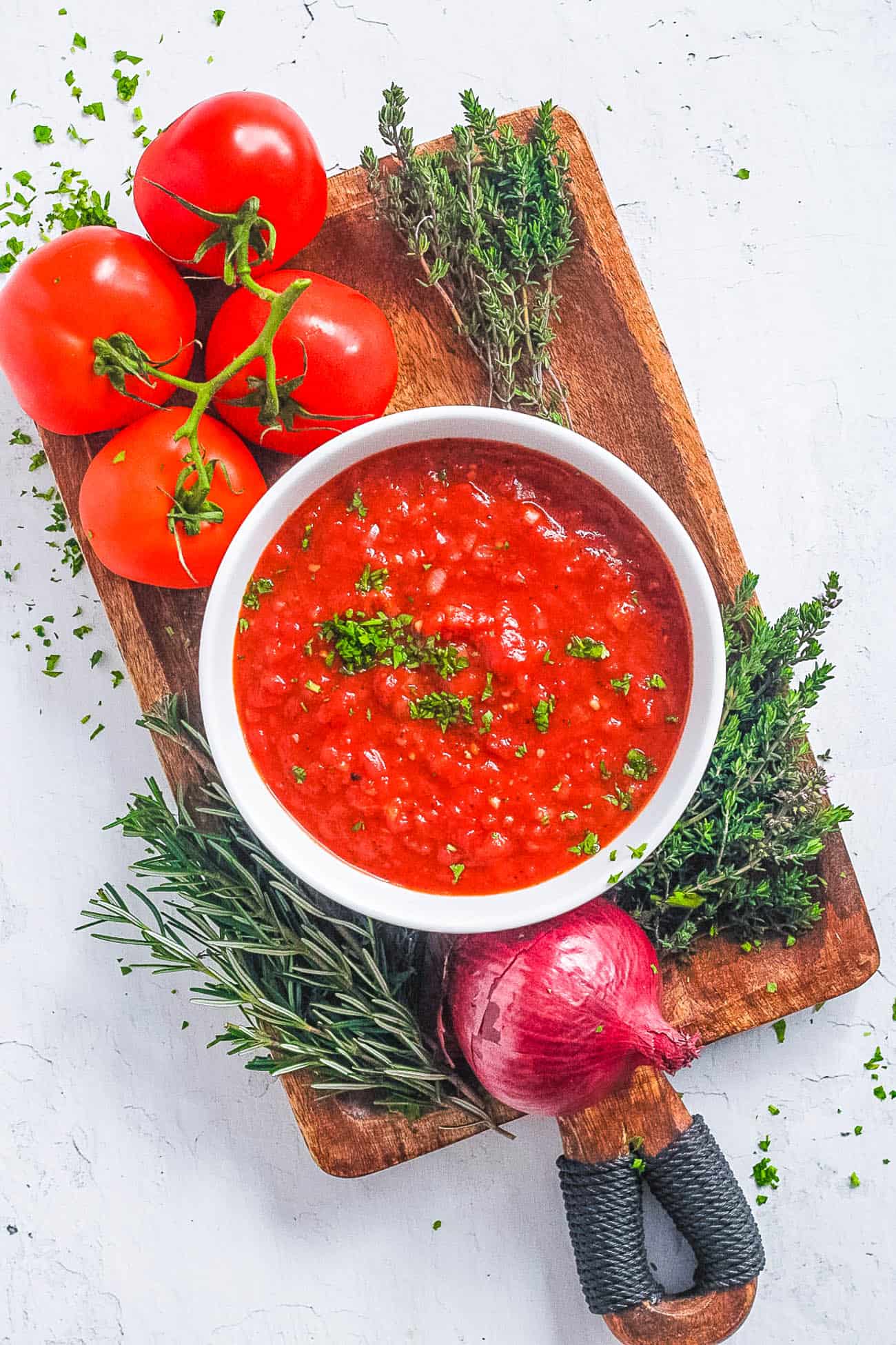 easy healthy low carb keto marinara sauce recipe served in a white bowl