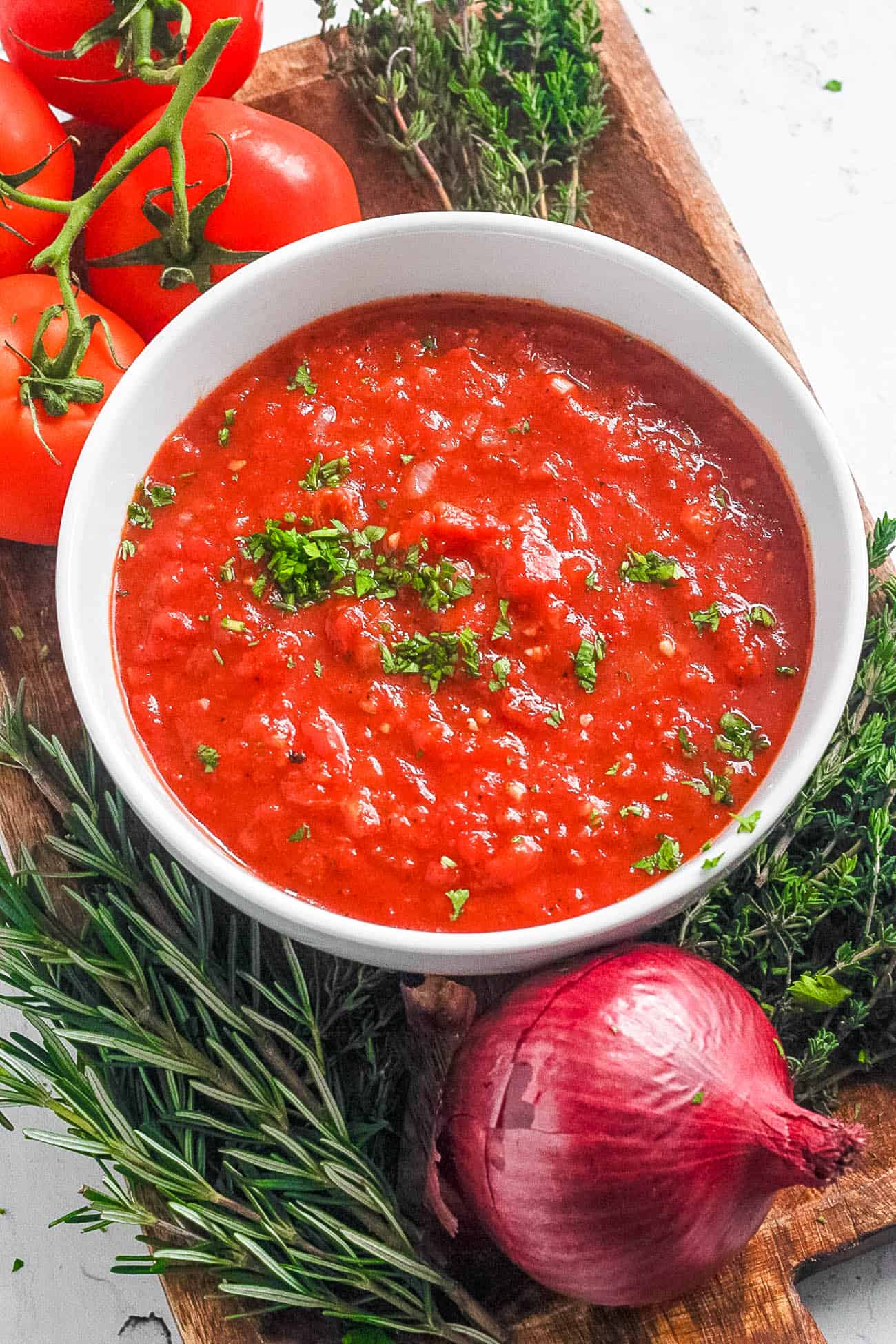 easy healthy low carb keto marinara sauce recipe served in a white bowl
