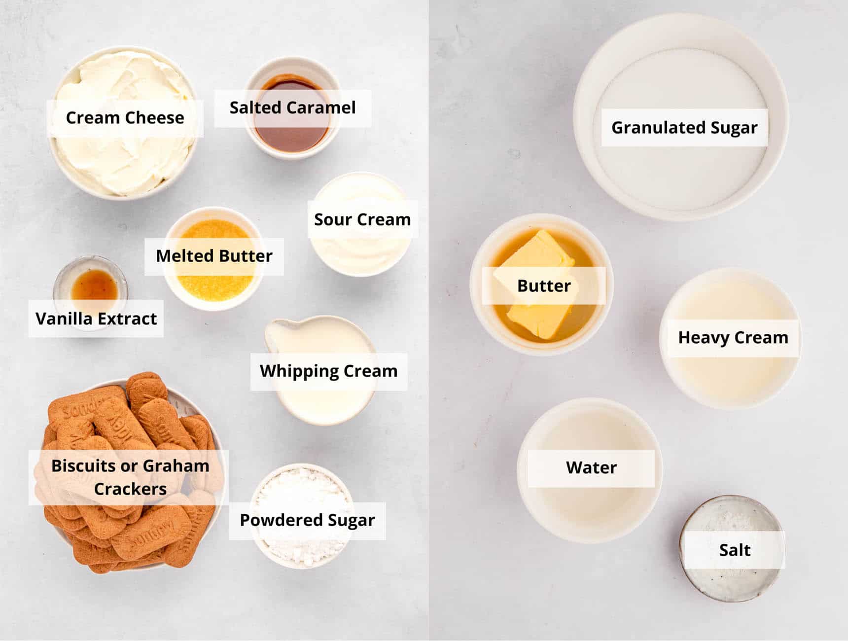 ingredients for easy salted caramel cheesecake no bake recipe