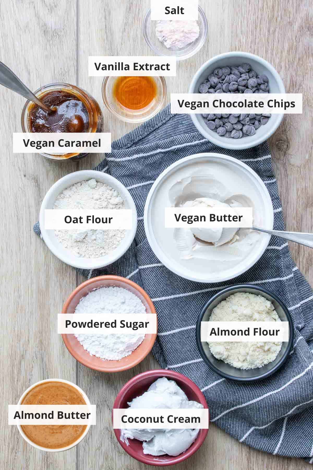 Ingredients for vegan millionaire shortbread recipe on a countertop.