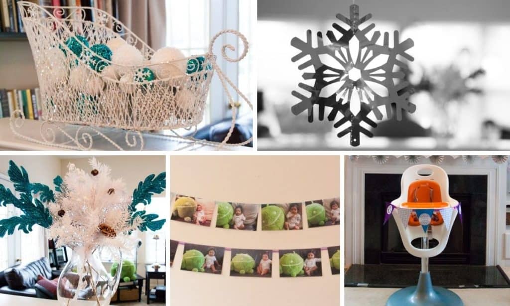 Collage of winter onederland themed decorations. 