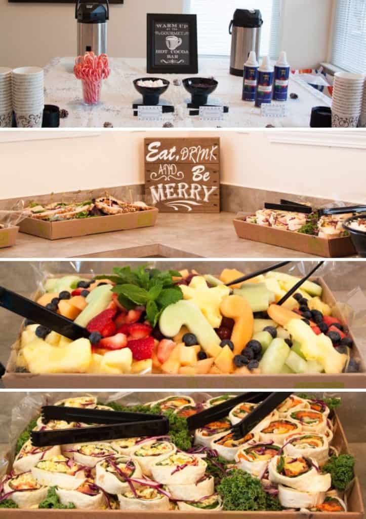 Food ideas for a winter onederland themed party including hot chocolate bar, sandwiches, fruit tray, sliced wrap sandwiches.