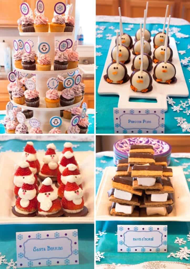 Cupcake tower, penguin cake pops, Santa berries, S'mores. 
