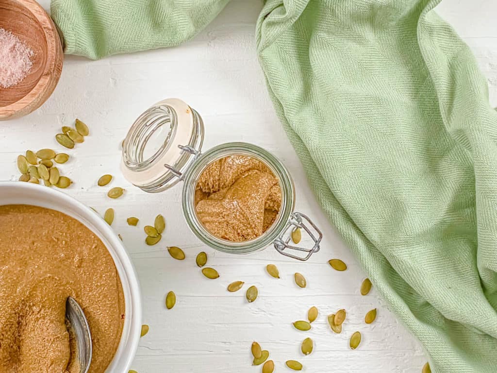 easy healthy vegan homemade pumpkin seed butter recipe in a jar