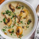 easy homemade healthy mushroom soup without cream in a white bowl