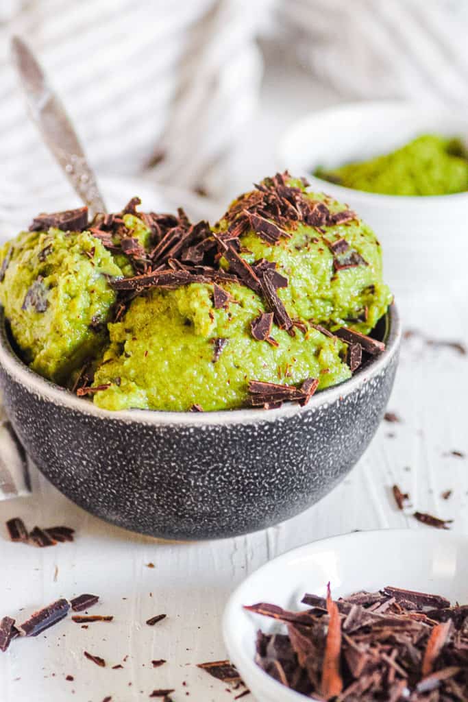easy homemade vegan matcha ice cream recipe in a bowl with cacao niba (dairy free ice cream)