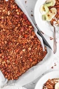 homemade easy gluten free high protein granola recipe on a baking sheet