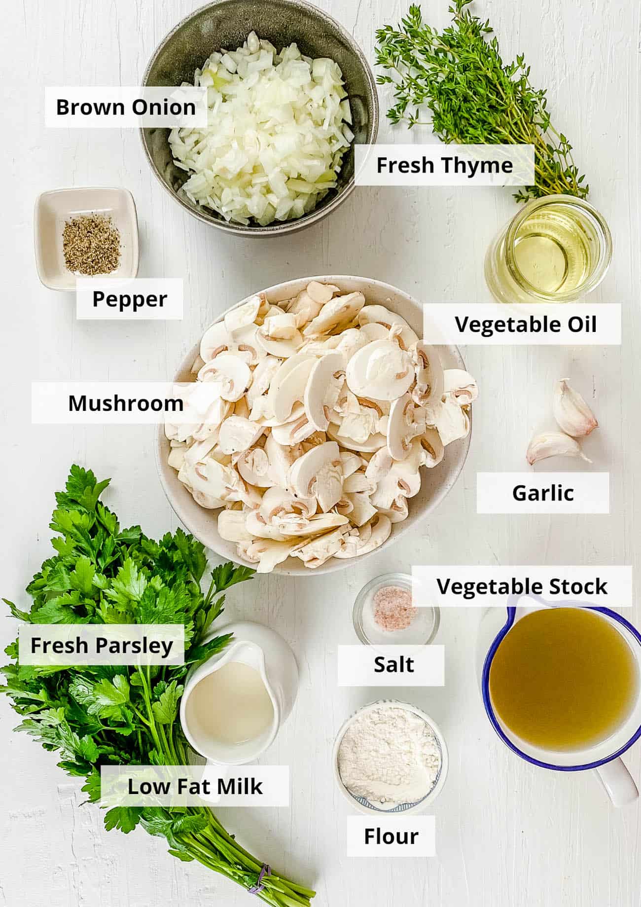 ingredients for easy homemade healthy mushroom soup without cream