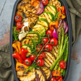 roasted vegetables in a baking dish for low carb vegetarian recipes