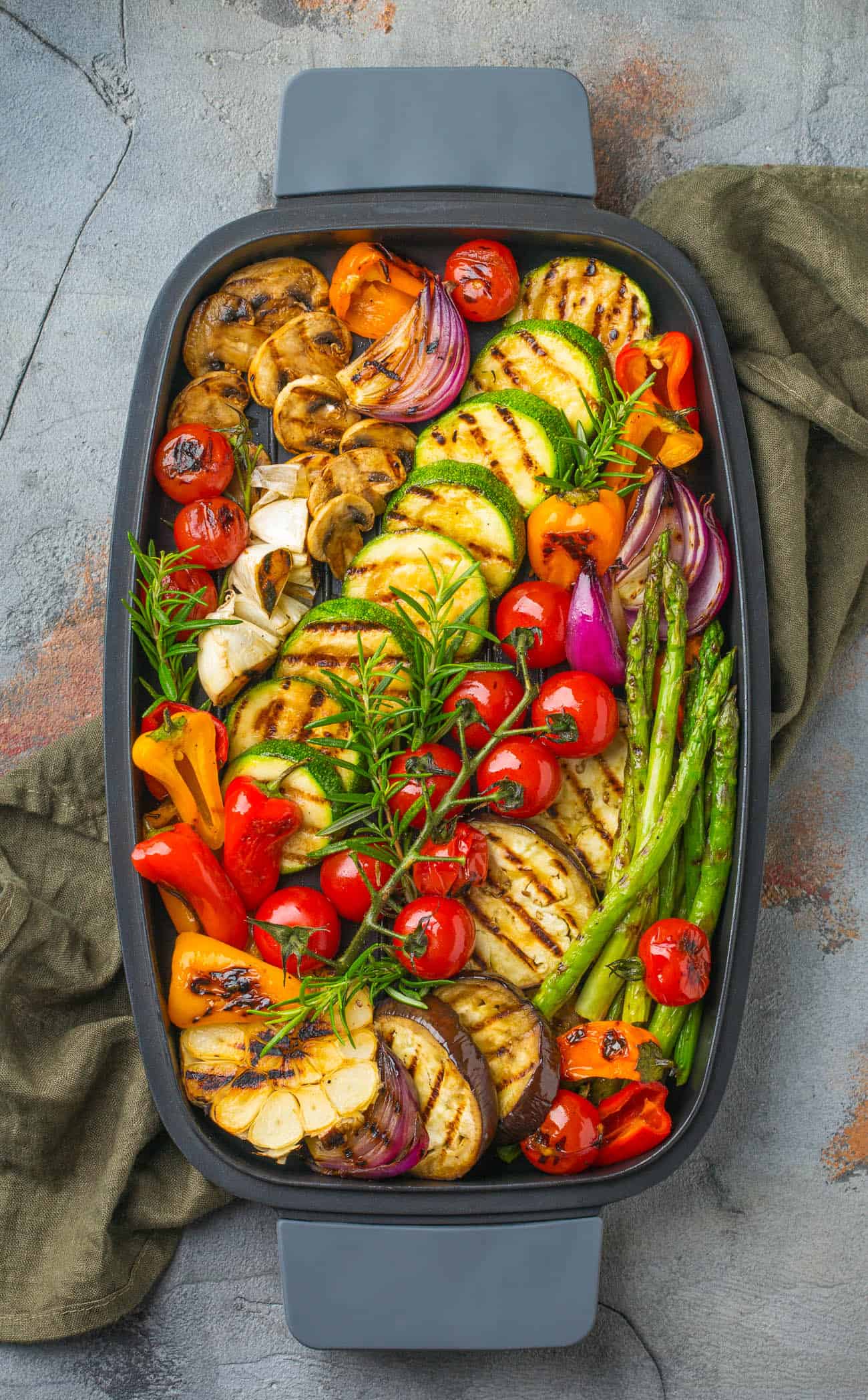 roasted vegetables in a baking dish for low carb vegetarian recipes