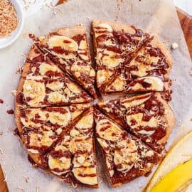 top view of nutella pizza with banana (dessert pizza recipe)