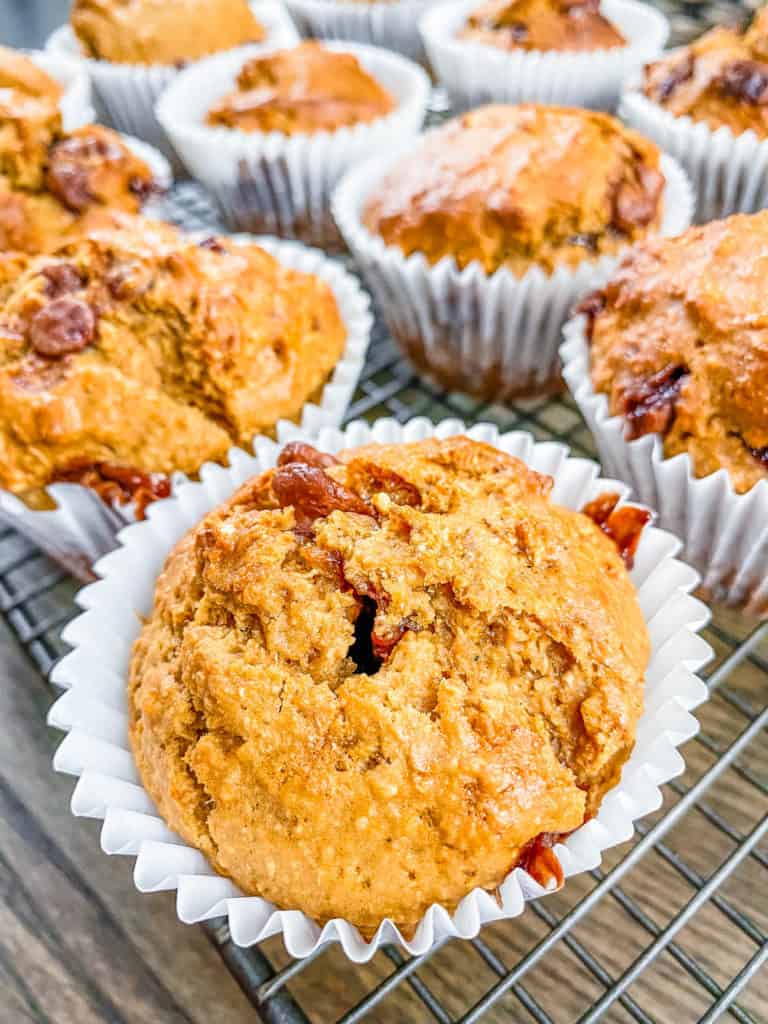 baked easy healthy peanut butter muffins recipe with chocolate chips