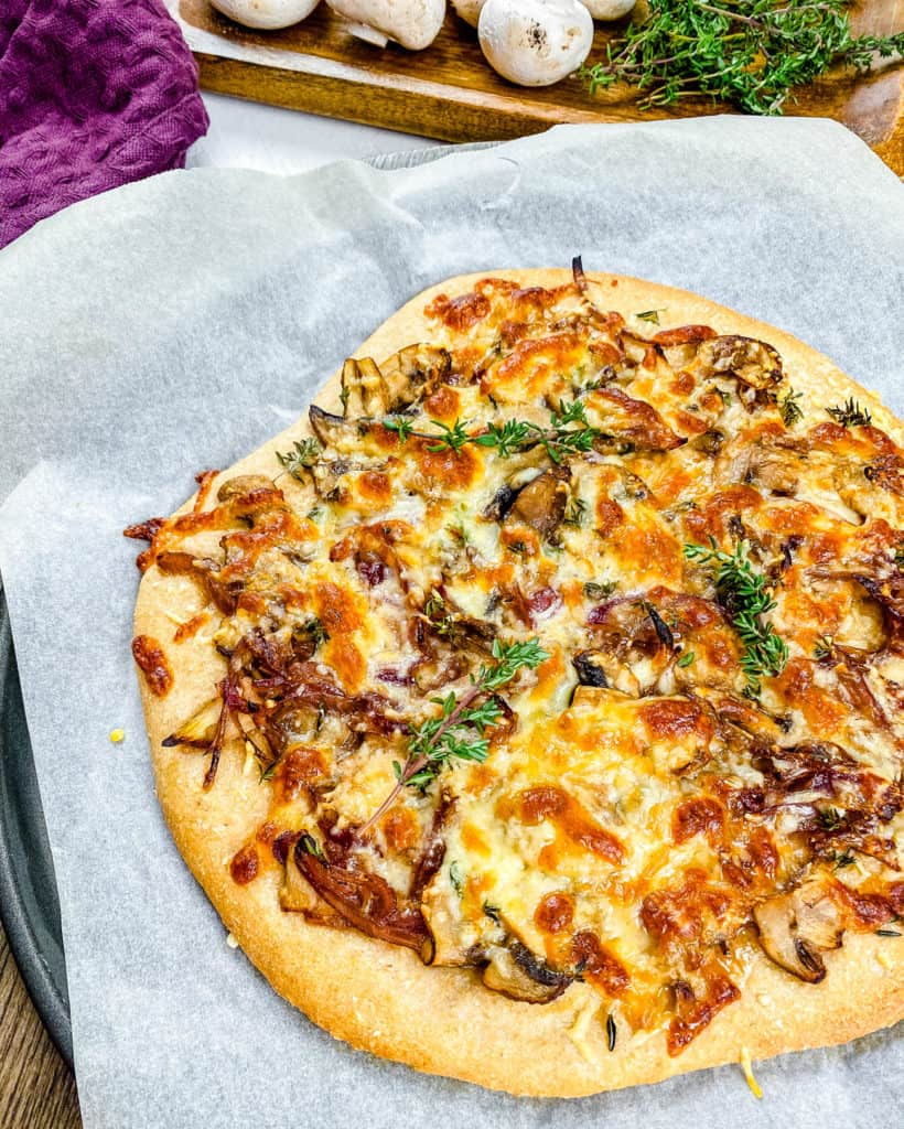 easy rustic pizza recipe with mushrooms and garlic fresh out of the oven
