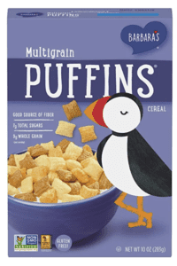 Box of barbara's puffins gluten free cereal.