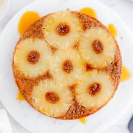 eggless vegan pineapple upside down cake recipe on a cake platter