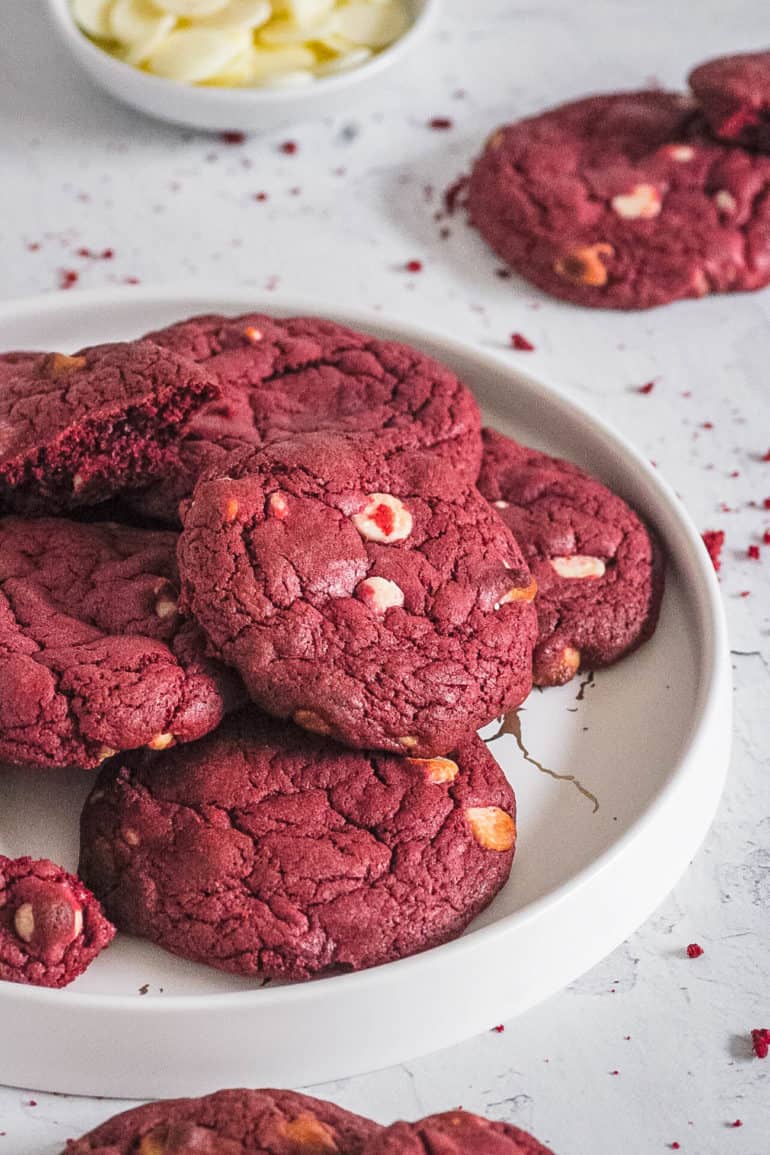 easy red velvet cake mix cookies on a plate