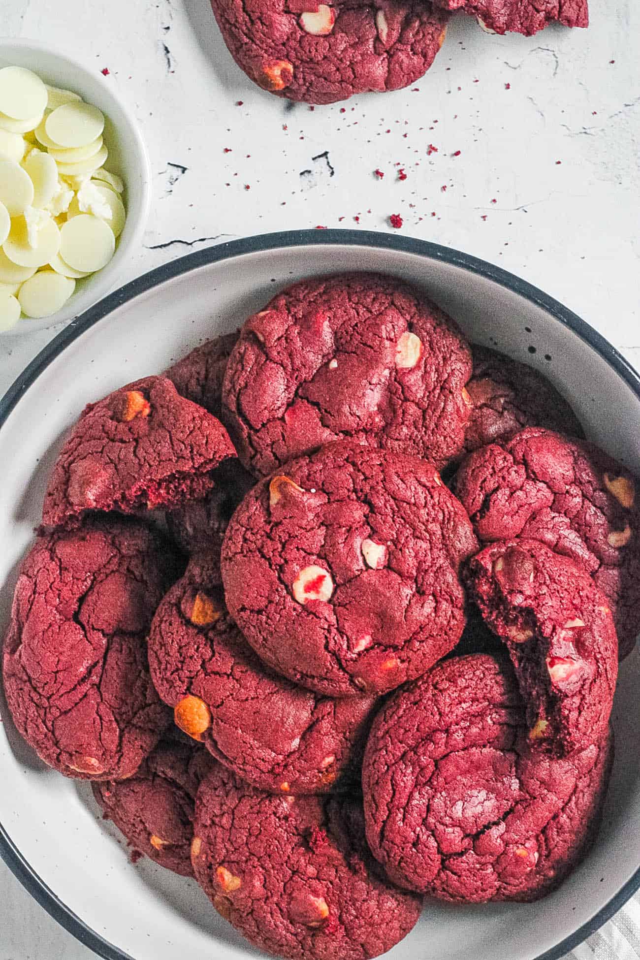 easy red velvet cake mix cookies recipe in a bowl
