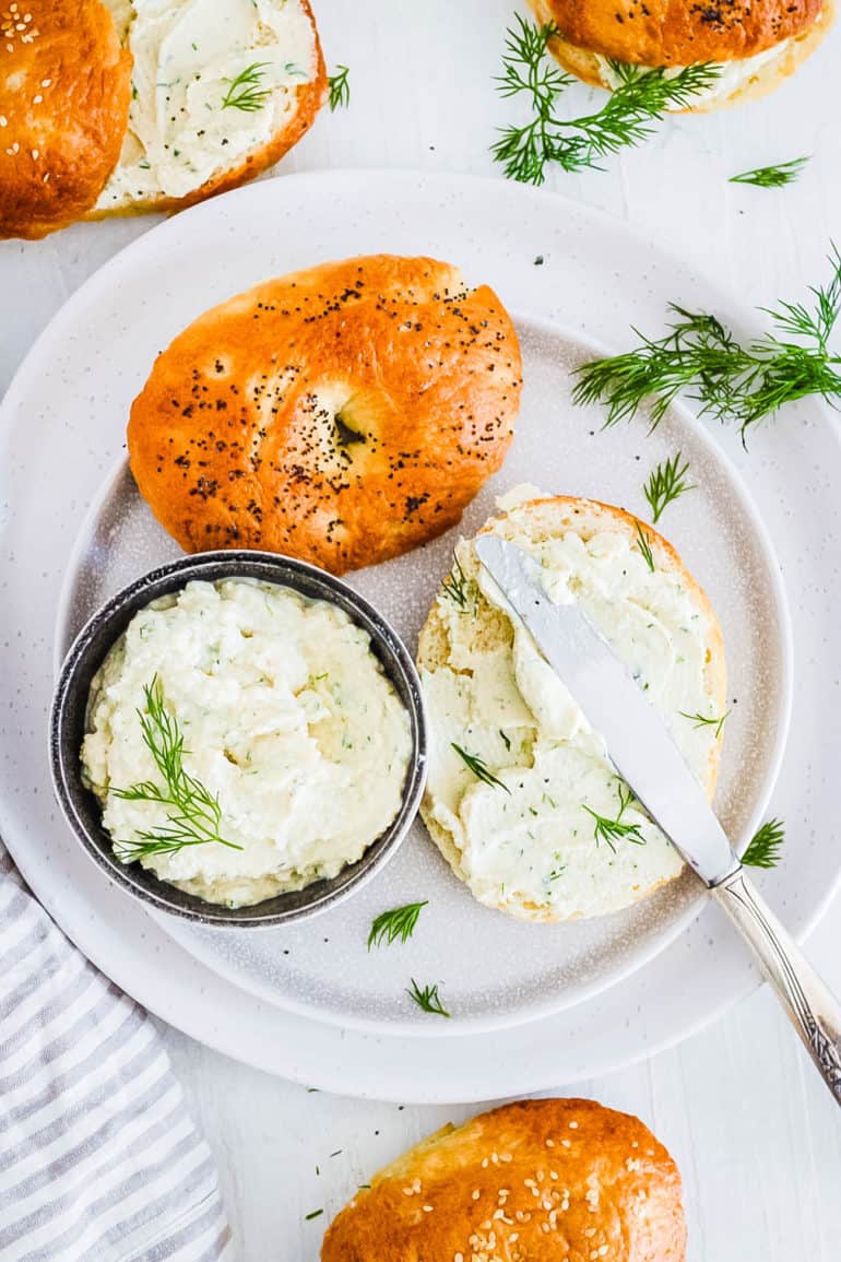 healthy easy vegan tofu cream cheese recipe spread on a bagel