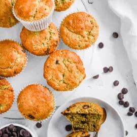 easy healthy vegan zucchini muffins - vegan chocolate zucchini muffins recipe on a white tray