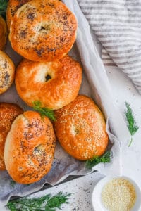 homemade healthy easy vegan bagels recipe on a baking sheet