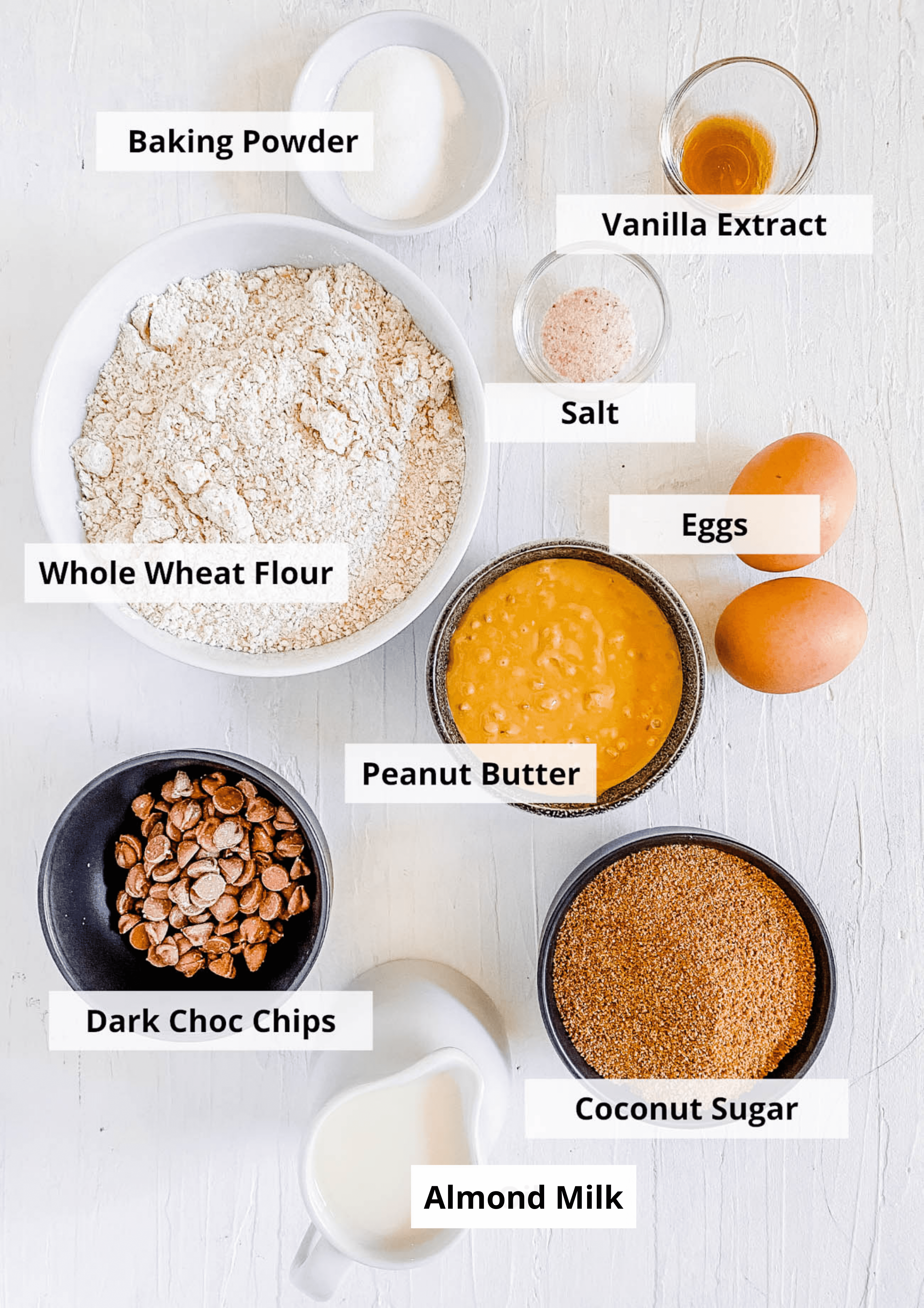 ingredients for easy healthy peanut butter muffins recipe with chocolate chips