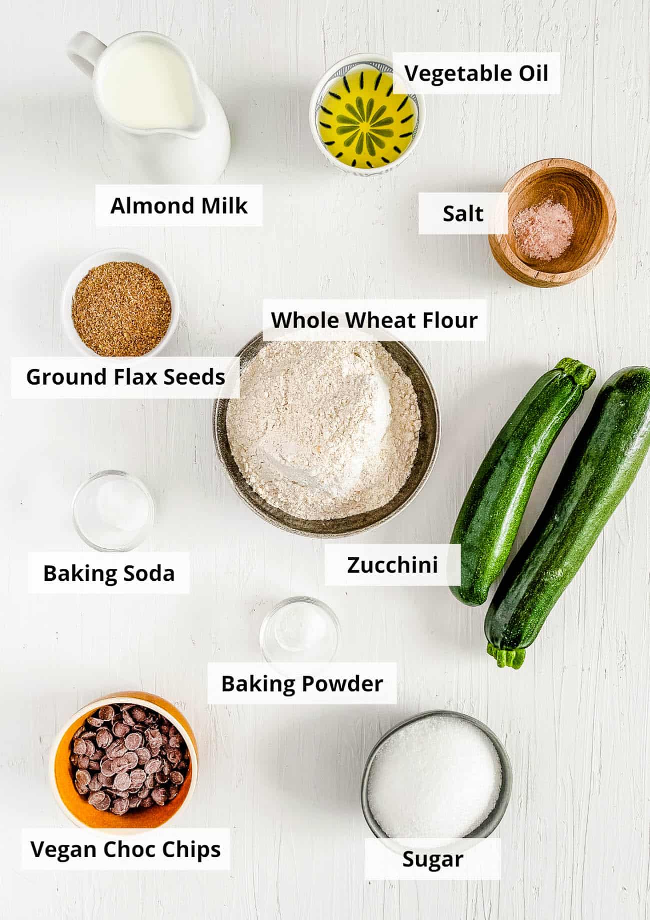 ingredients for easy healthy vegan chocolate zucchini muffins recipe