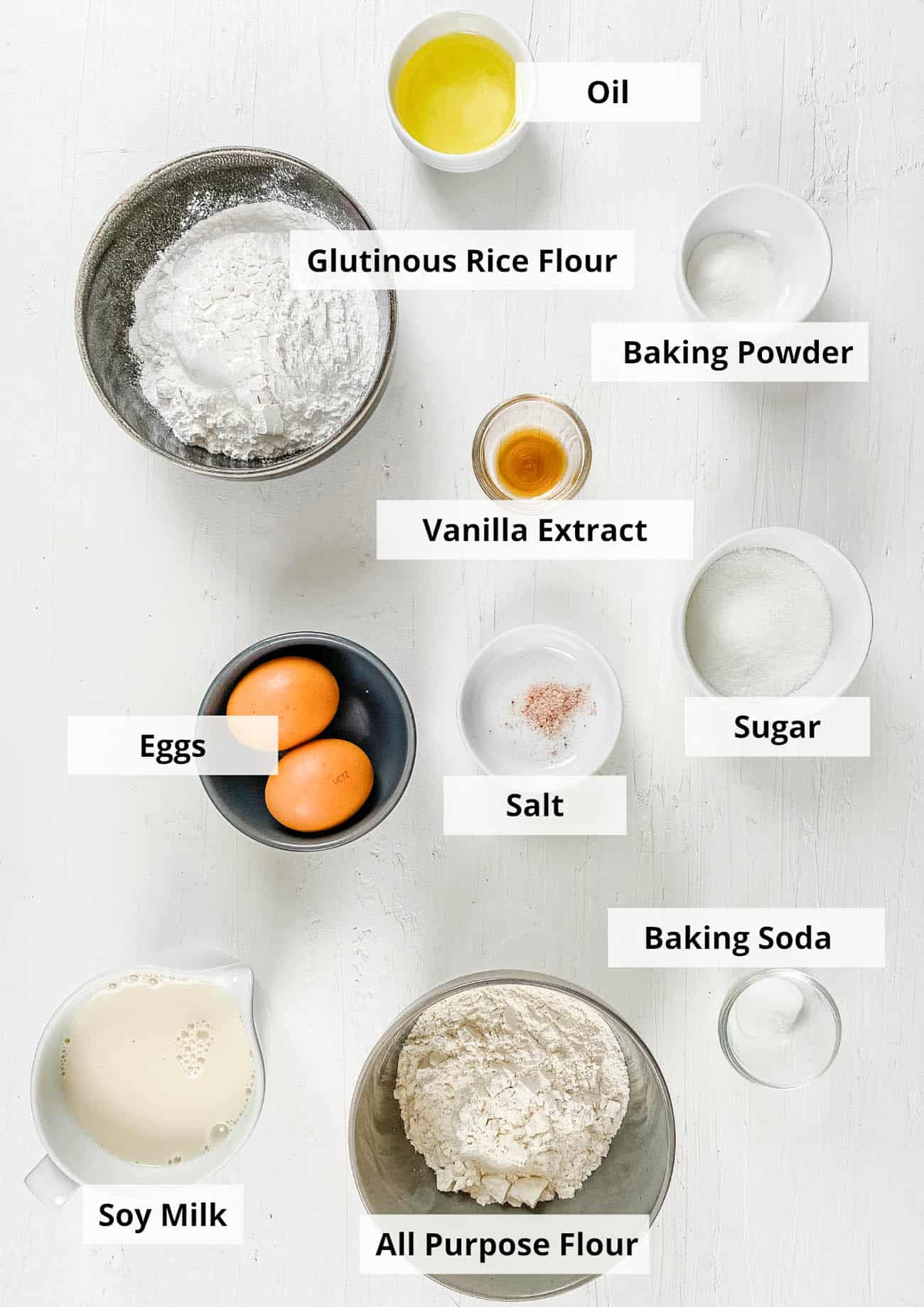 ingredients for easy mochi pancakes recipe (with gluten free and vegan option) served with maple syrup and berries