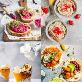 collage of various plant based breakfast ideas