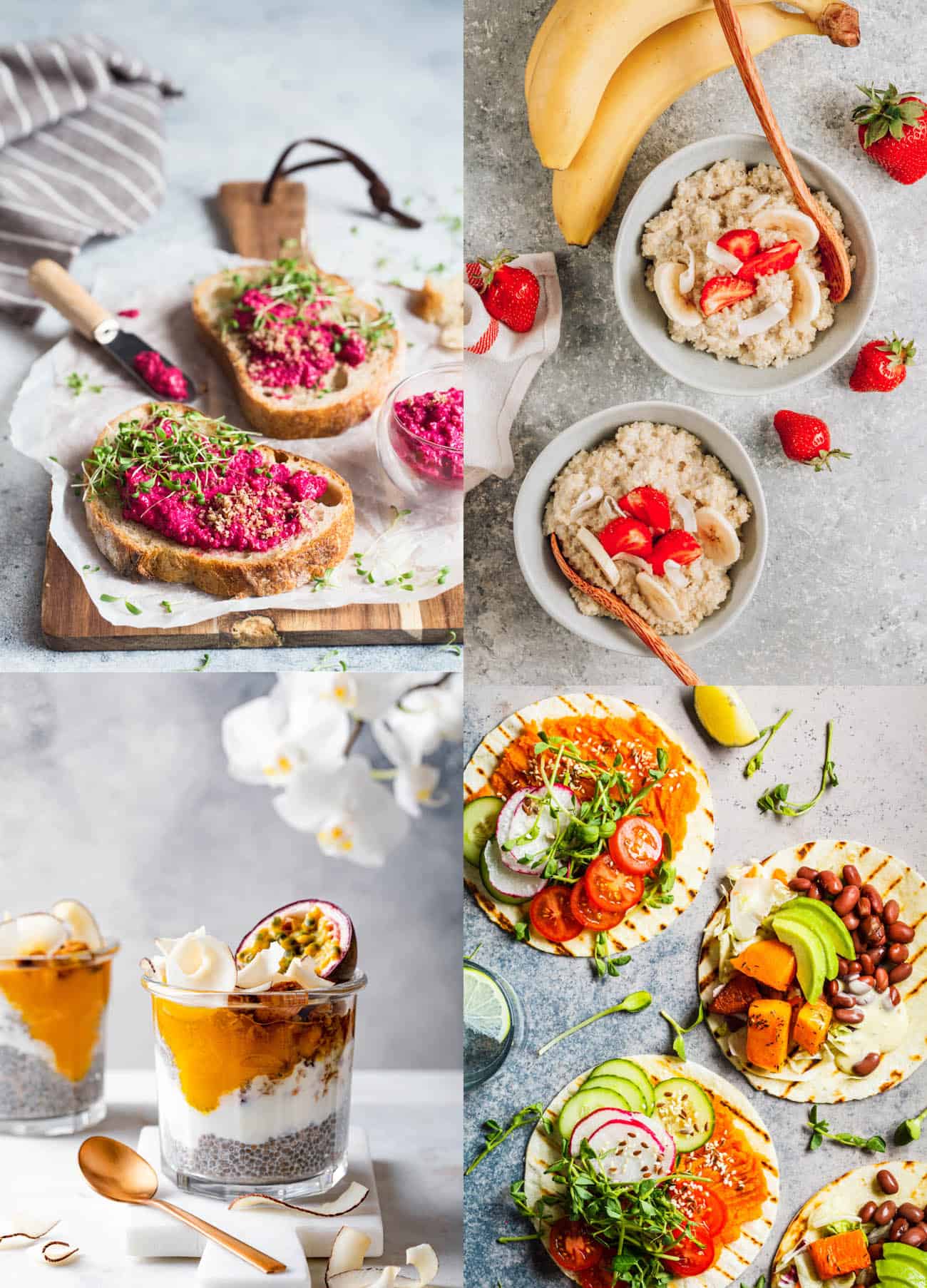 collage of various plant based breakfast ideas