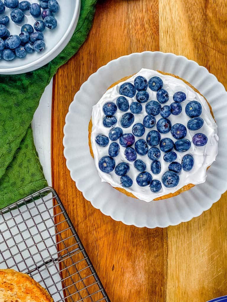 An overhead shot of the smash cake decorated with blueberries.