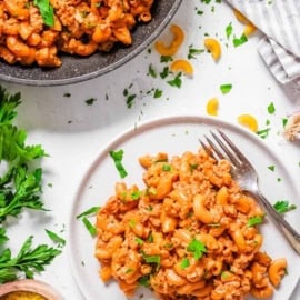 healthy low calorie meatless vegan hamburger helper recipe on a white plate