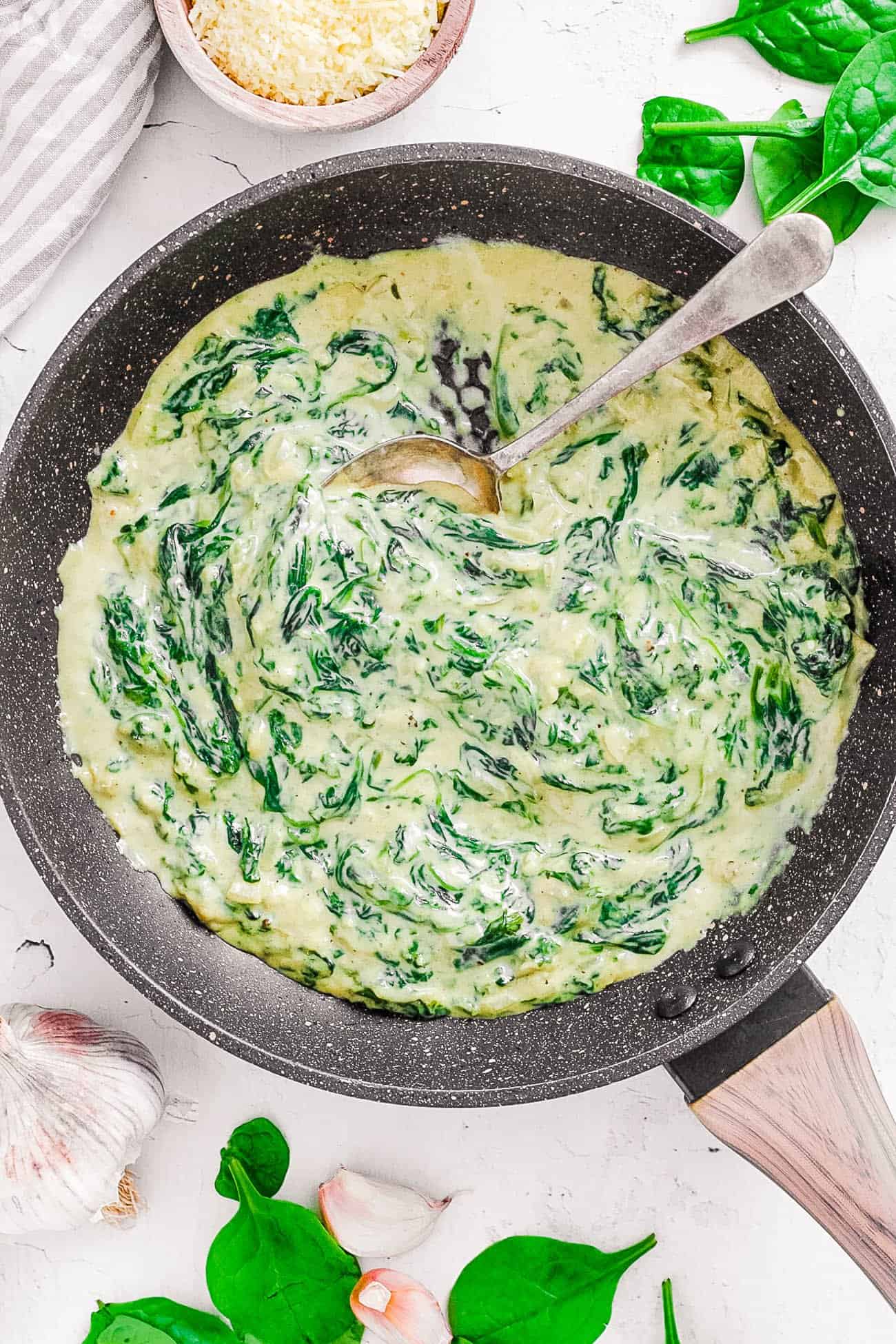 easy healthy low carb keto creamed spinach recipe in a serving pan