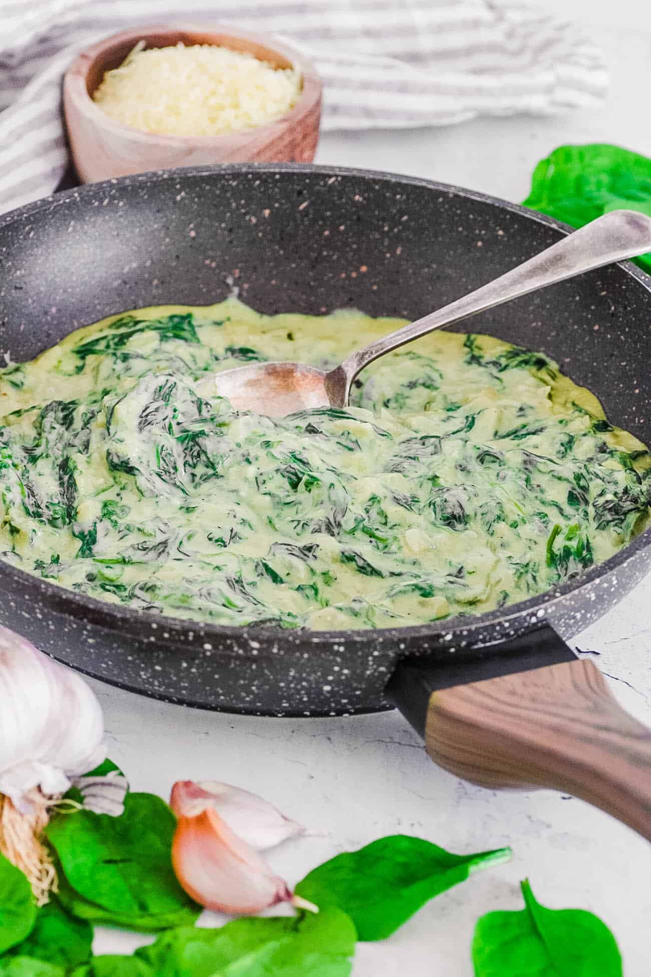 easy healthy low carb keto creamed spinach recipe in a pan