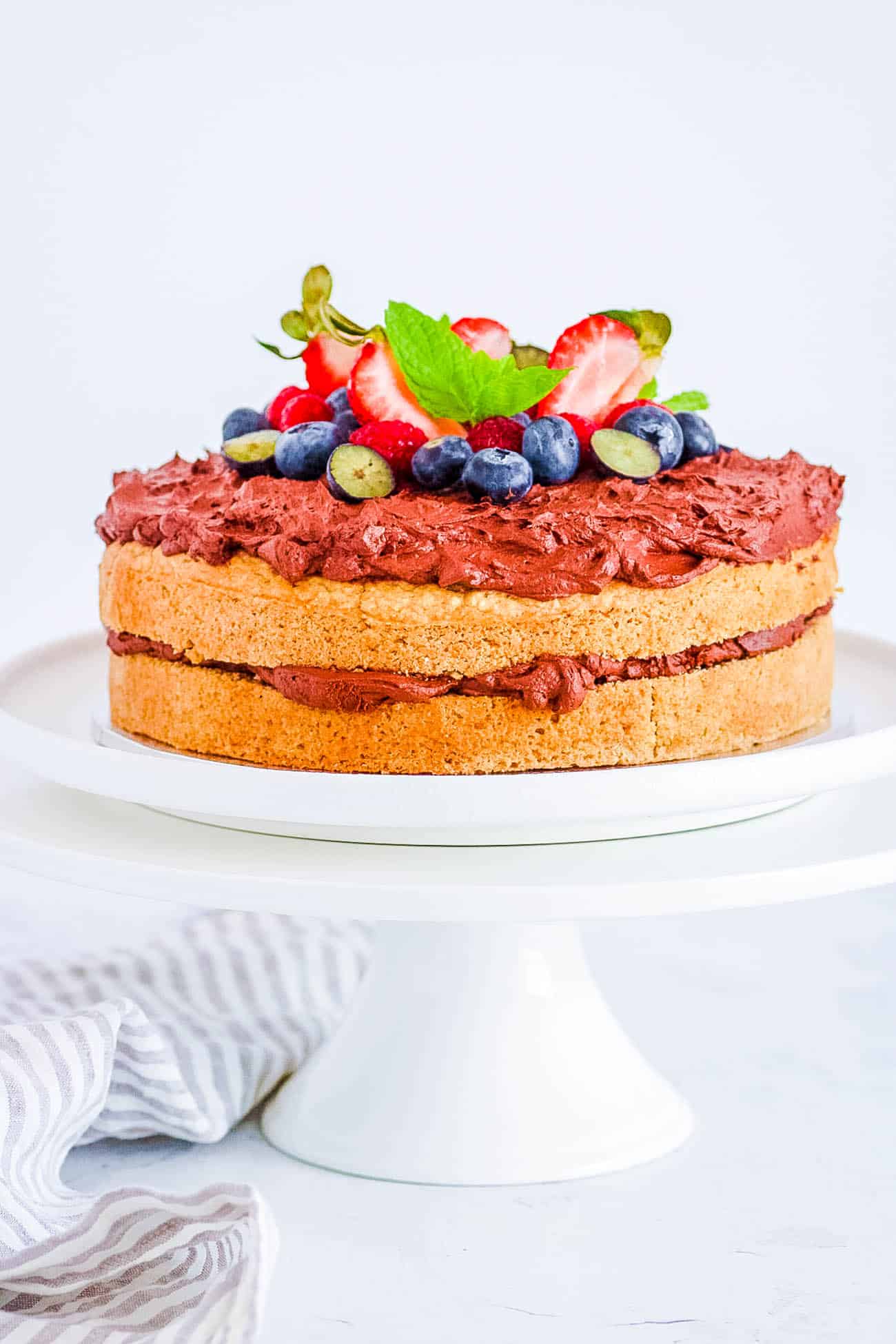 easy, healthy, gluten free, vegan oat flour cake recipe on a cake stand