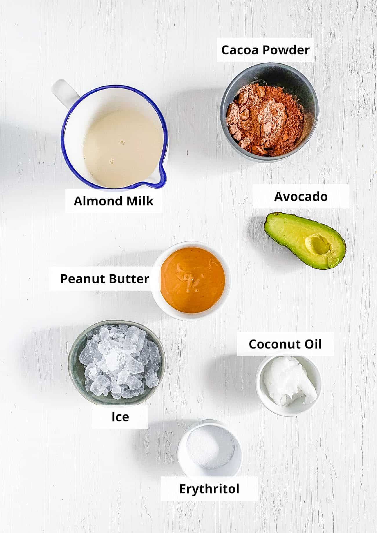 ingredients for easy healthy keto low carb avocado peanut butter smoothie recipe