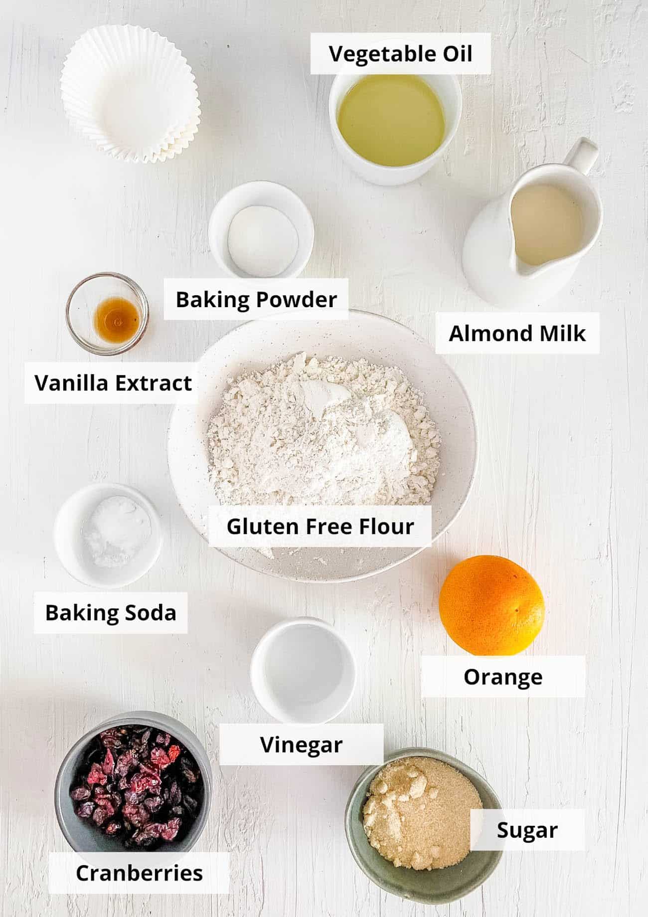 ingredients for easy healthy vegan gluten free orange cranberry muffins recipe