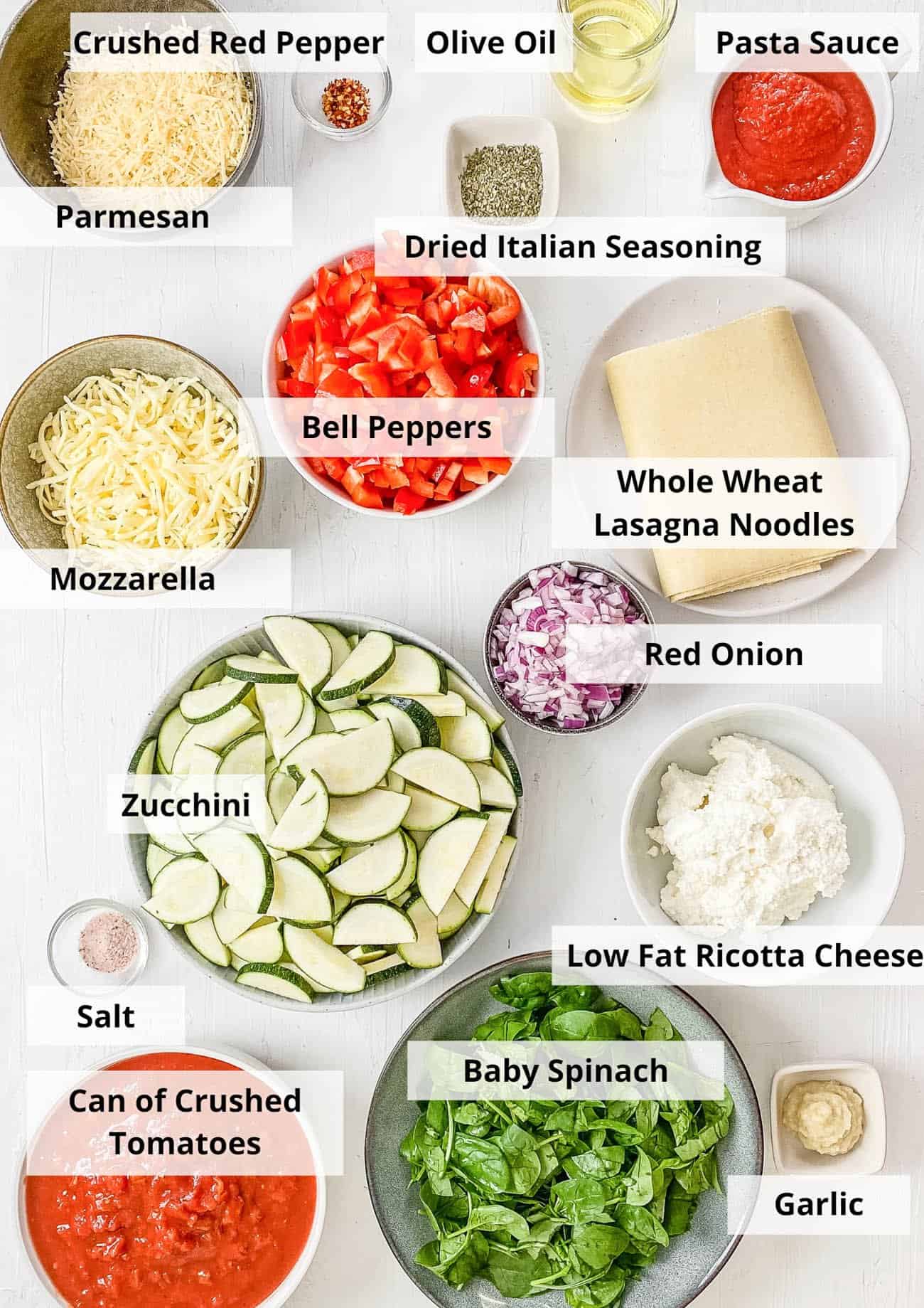 ingredients for easy hearty italian healthy vegetable lasagna recipe (low calorie, low fat, kid friendly vegetarian lasagna)