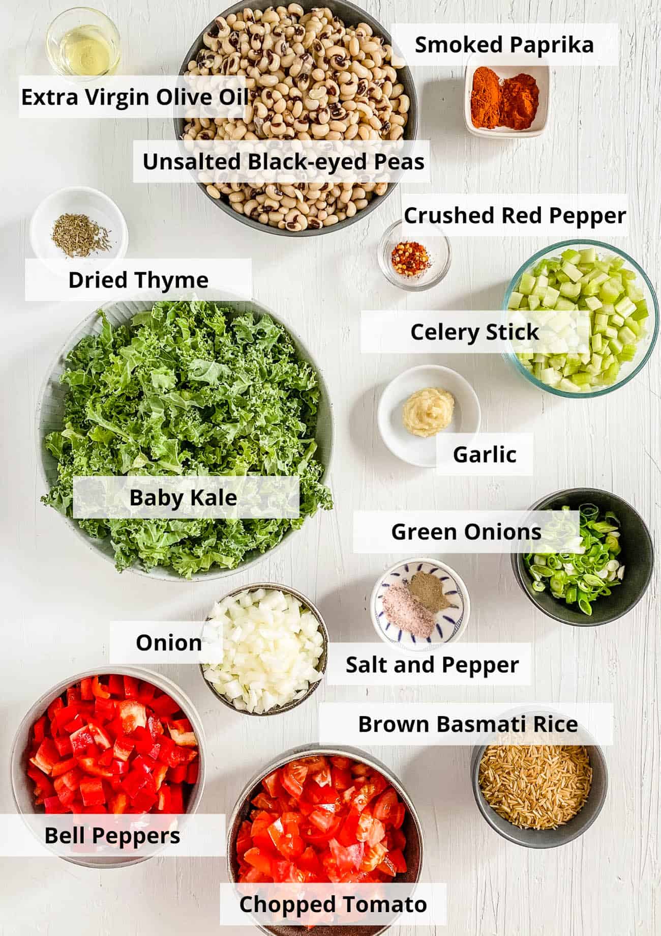 ingredients for easy vegetarian black eyed peas recipe - vegan hoppin john