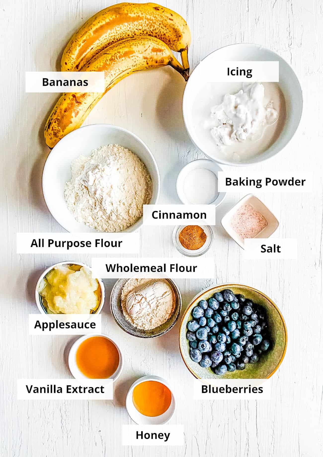 All of the ingredients for a healthy smash cake on a white background.