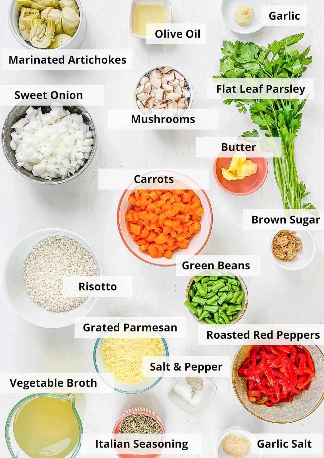 ingredients for healthy risotto with garlic, parmesan, truffle, mushrooms, artichokes, and green beans on a white plate (gluten free, vegetarian, instant pot recipe)