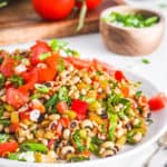 easy vegetarian black eyed peas recipe - vegan hoppin john on a white plate