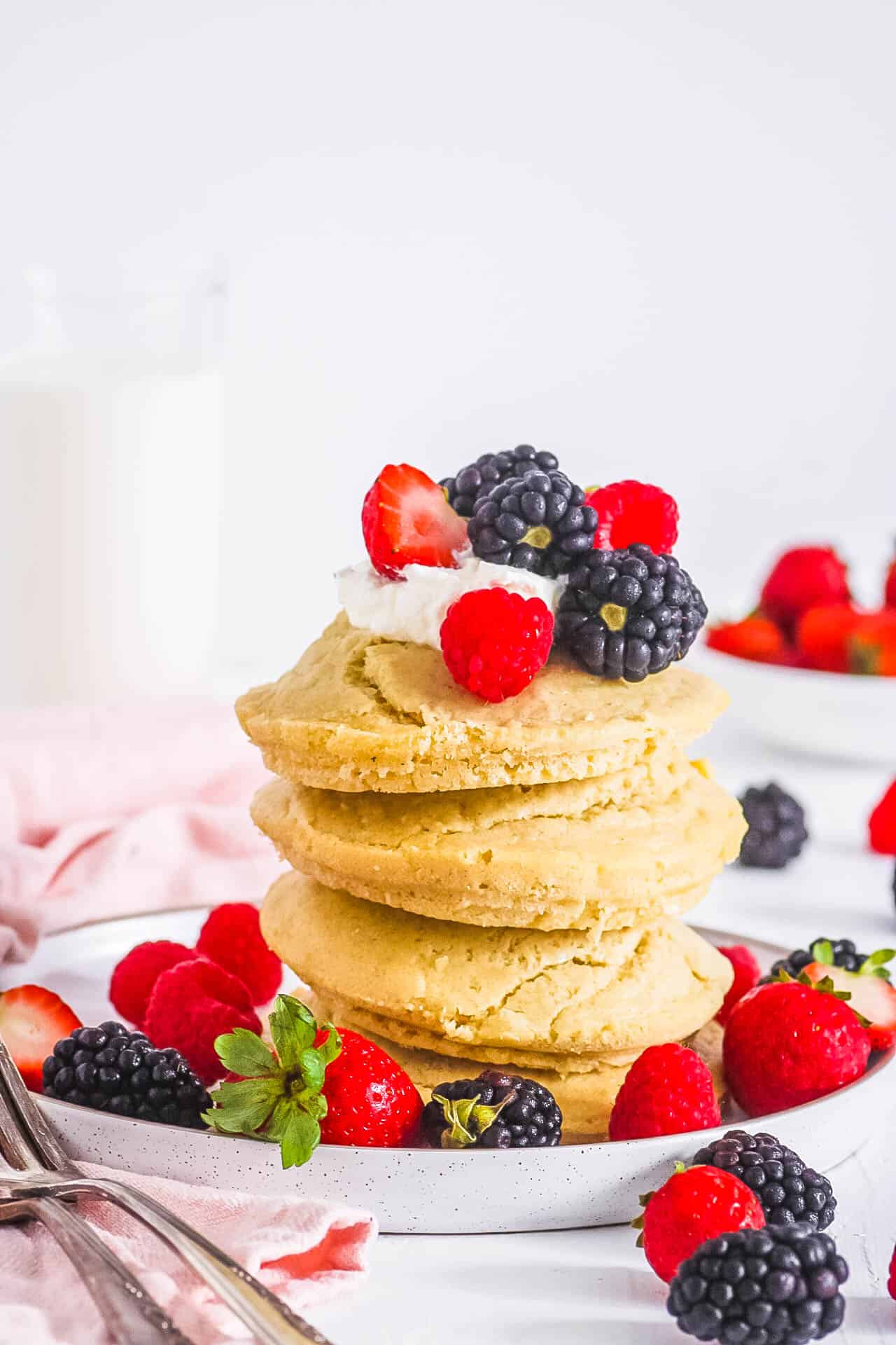 easy healthy homemade air fryer pancakes recipe topped with fresh berries
