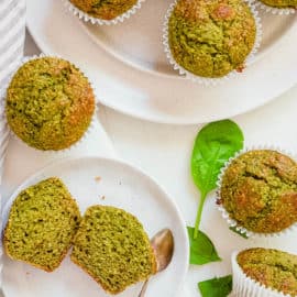 healthy easy gluten free vegan spinach banana muffins recipe on a white plate