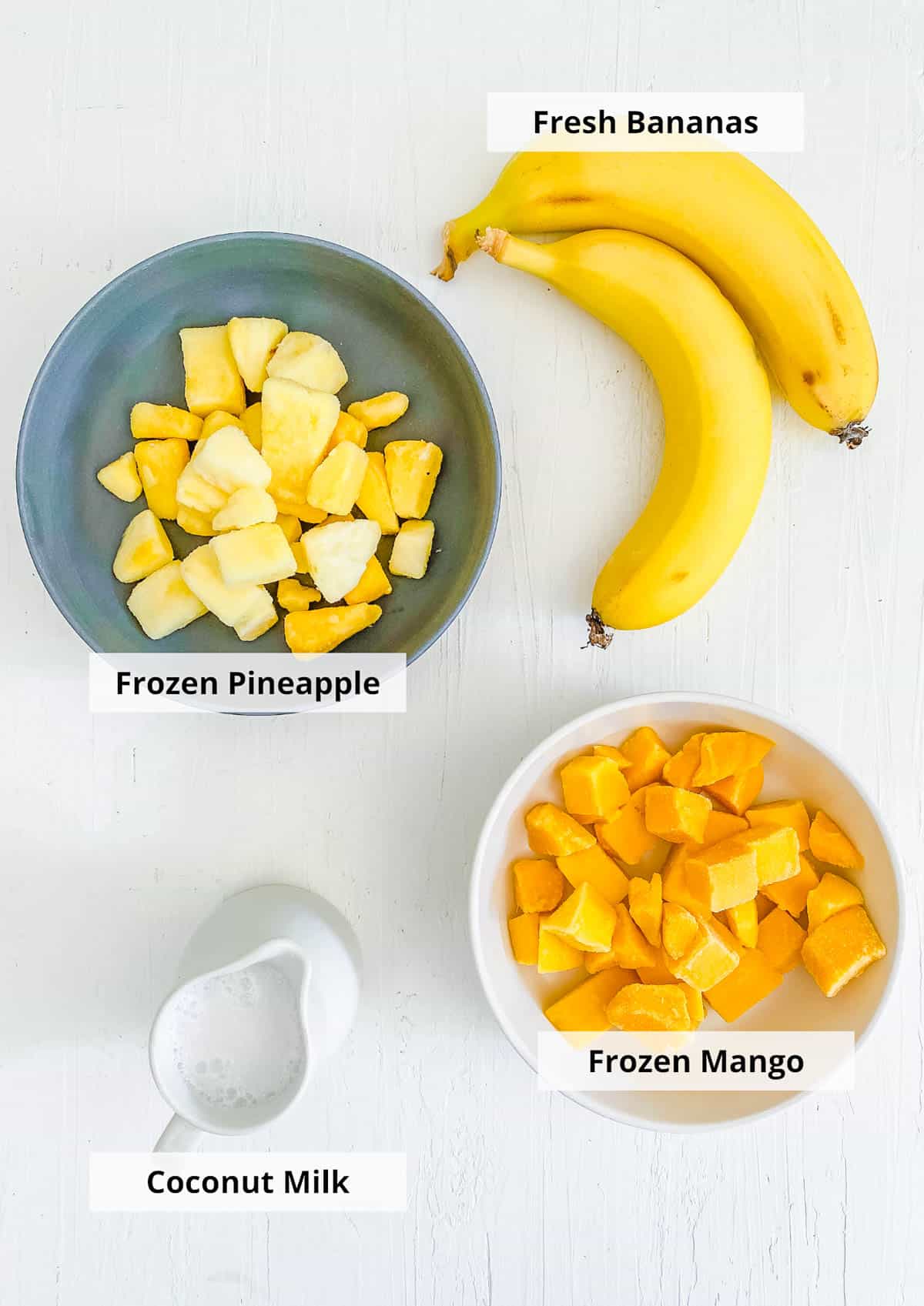 ingredients for easy healthy vegan mango pineapple banana smoothie recipe