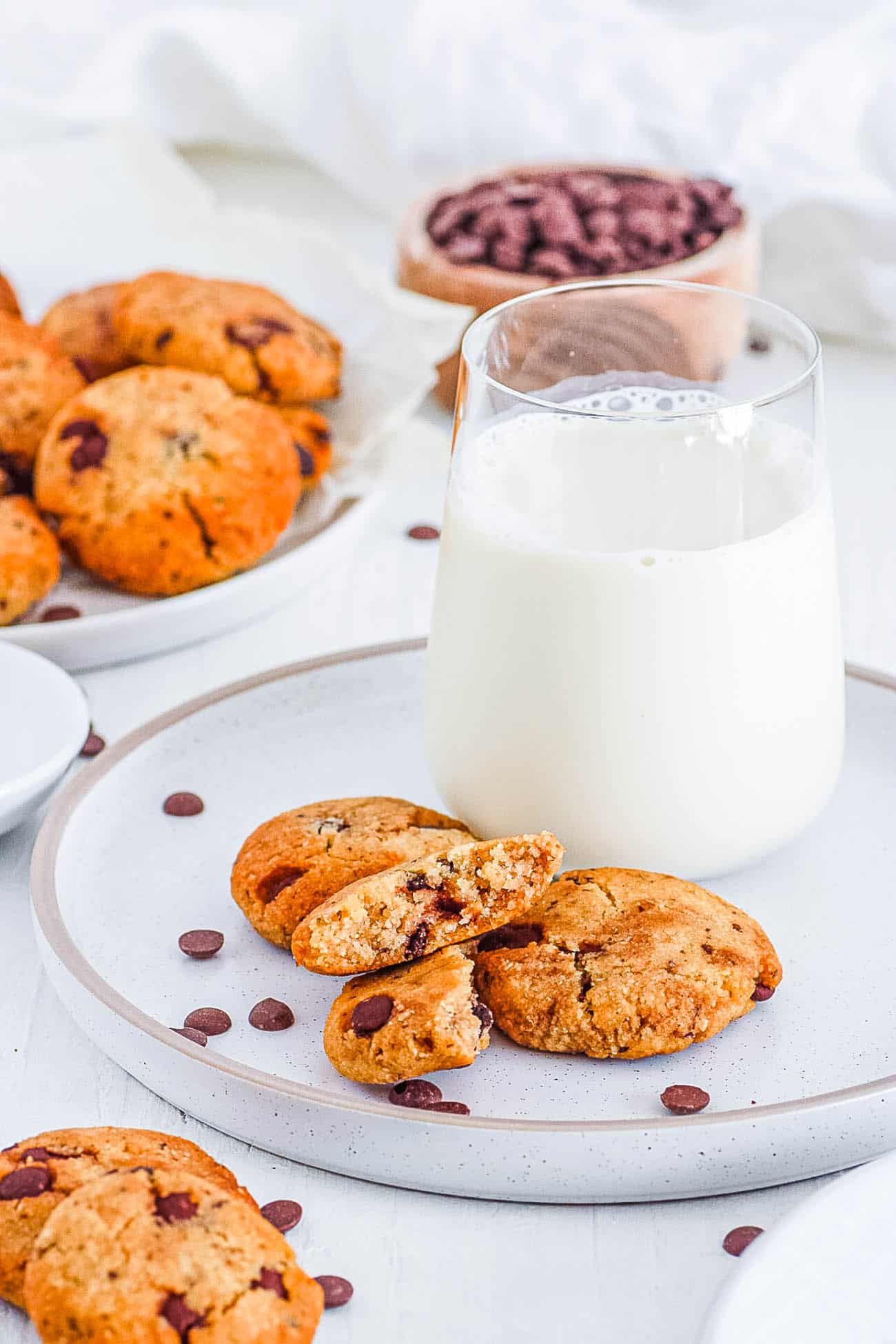 healthy easy gluten free vegan almond flour cookies recipe on a white plate - (keto, paleo chocolate chip cookies)