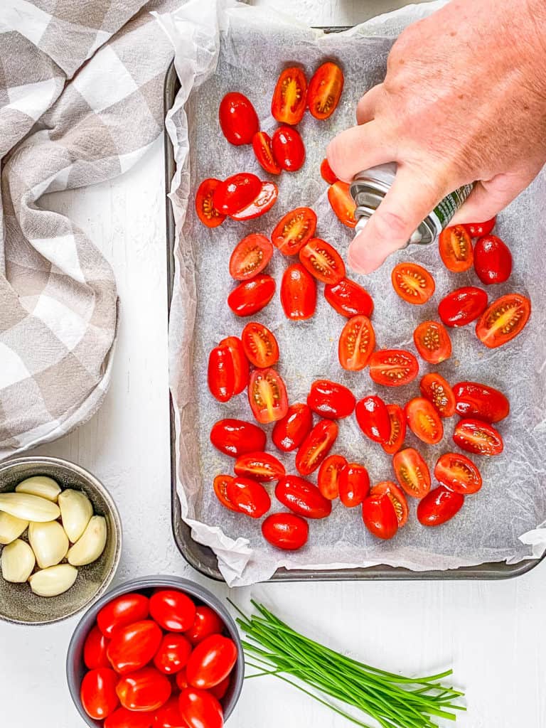 roasted tomatoes on a sheet pan